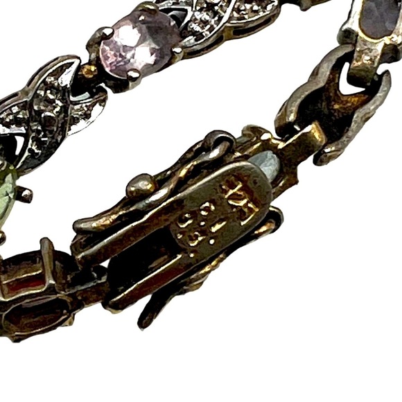 Vintage Multi-Stone Sterling Silver Bracelet With X Design & Gemstones    B19 - Picture 10 of 14